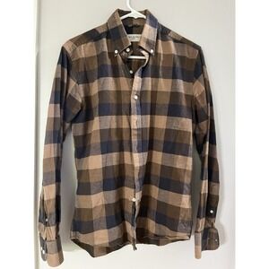 Men's Flannel Button Up Shirt Check Plaid Brown 15/38 M JOHN HENRIC SWEDEN / EUC